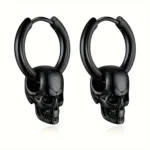 Boucles d'oreilles petites créoles tête de mort en acier inoxydable noir